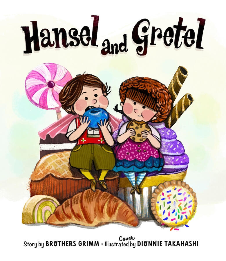 Book cover design and hand-lettering for Hansel and Gretel with food art as background