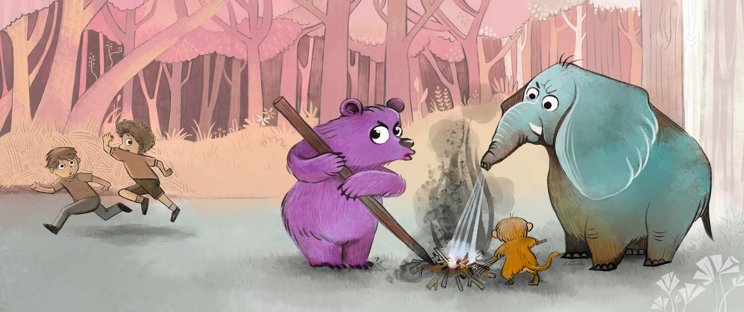 Illustration of animal firefighters protecting the forest