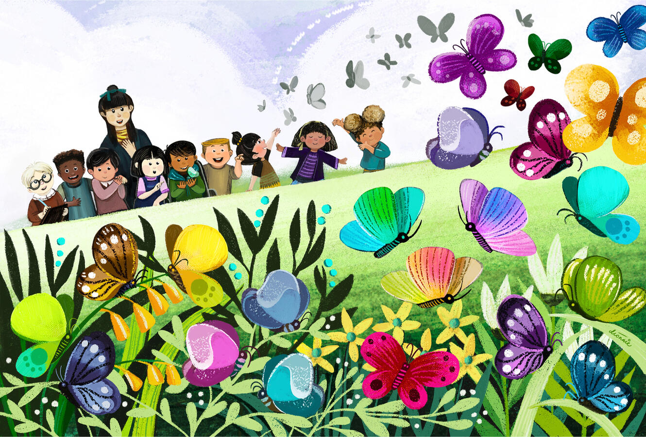 A class of children with their teacher, out in the field, enjoying the beautiful colors of nature.