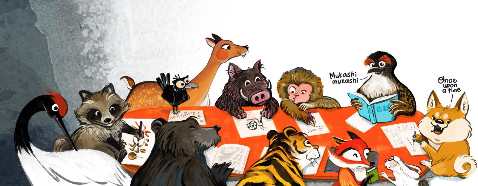 Banner and logo for SCBWI Japan featuring animals usually found in Japan