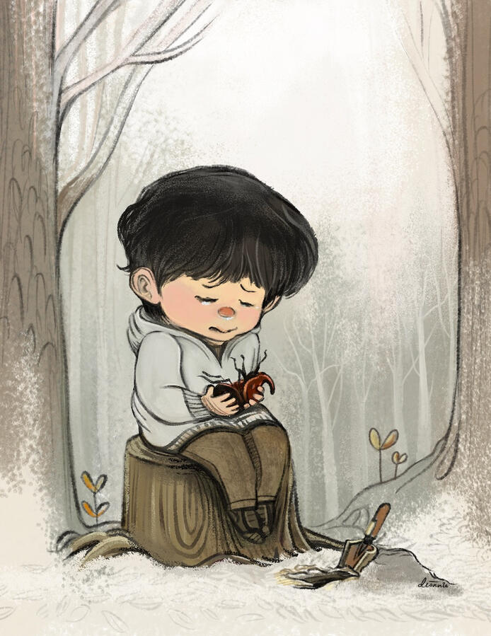 illustration of a boy crying over the death of his pet beetle.