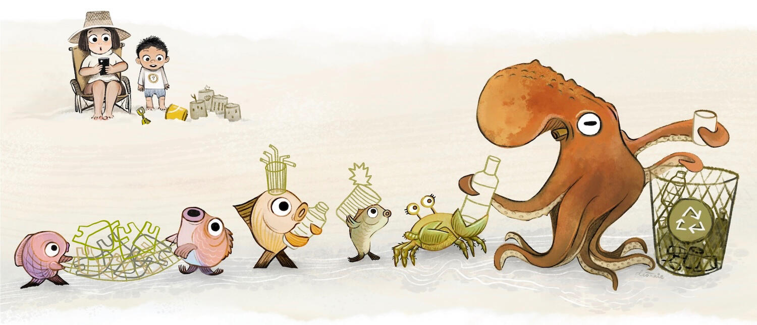 Marine sea creatures cleaning up the beach because humans are not doing it. Illustration with an octopus, crab, fish, child, and mom.