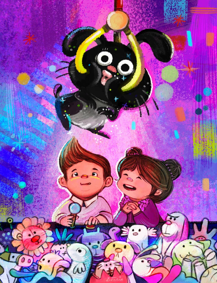 Kids are playing on a claw machine in an arcade.