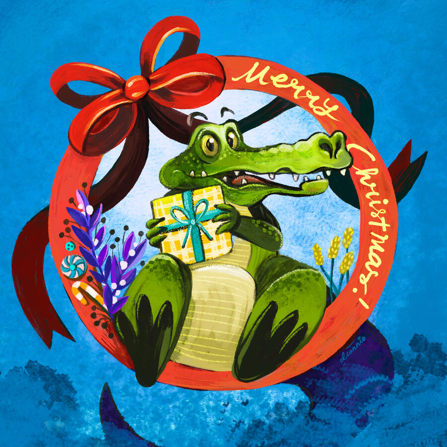Crocodile alligator wishing Merry Christmas and bearing gifts.