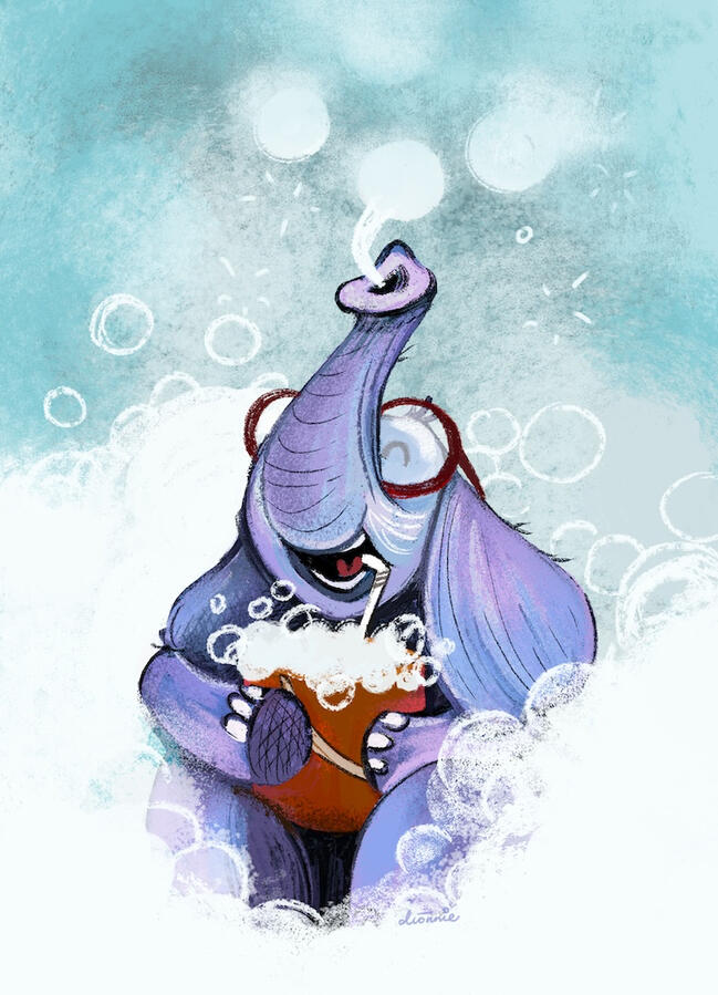 An illustration of a boy elephant enjoying himself blowing bubbles.