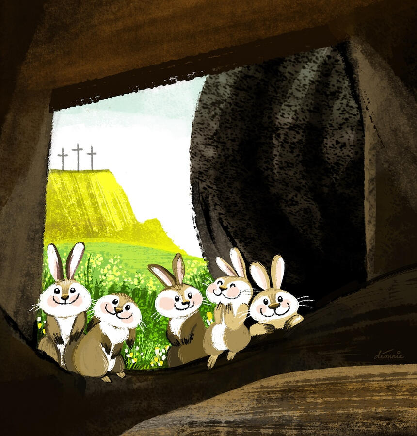 Easter bunnies exploring the empty tomb.