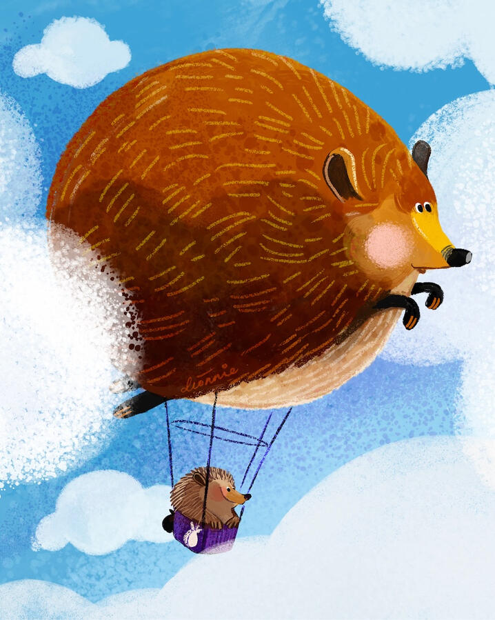 A porcupine flying on an air balloon, going for an exploration.